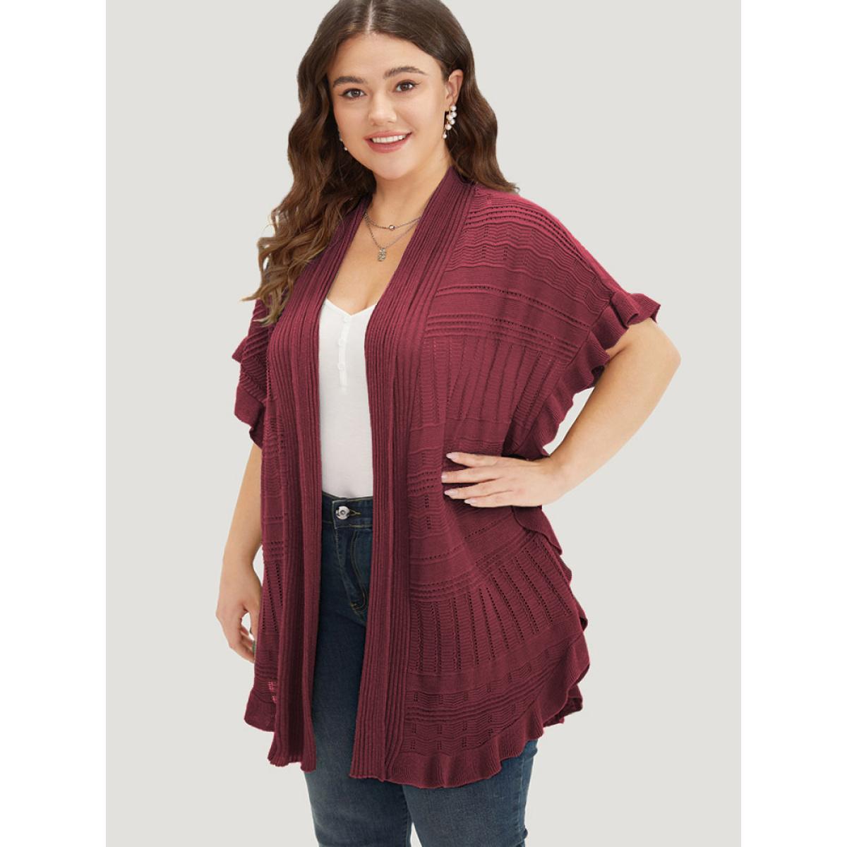 Plus Size Anti-Pilling Plain Ruffles Split Hem Dolman Sleeve Cardigan Scarlet Women Casual Loose Short sleeve Everyday Cardigans BloomChic 28/5X Product Image