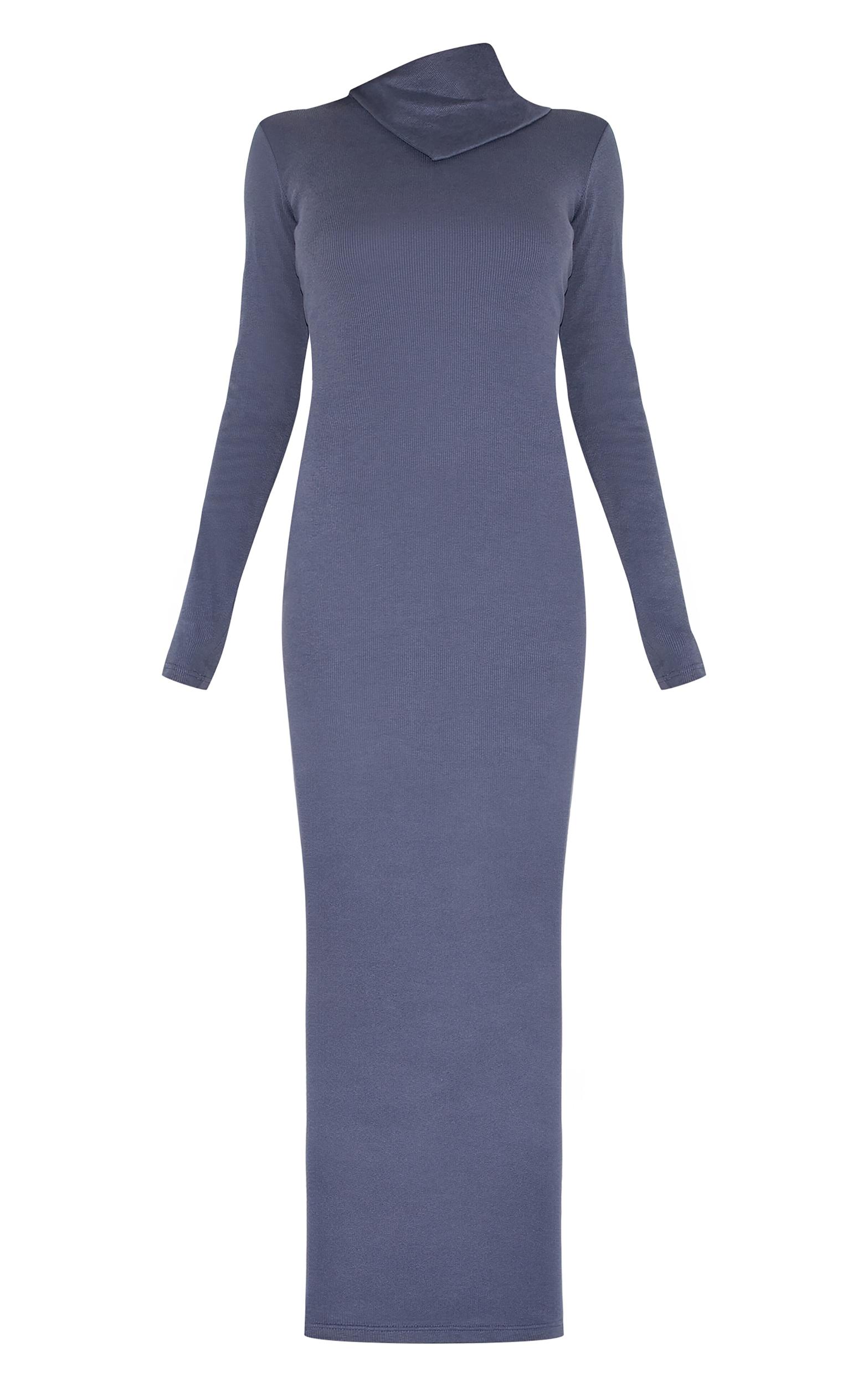 Navy Rib Oversized Collar Maxi Dress Product Image
