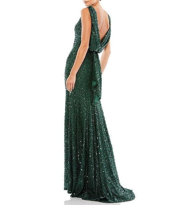 Ieena for Mac Duggal Sequin Drape Back Detail Boat Neck Sleeveless Sheath Gown Product Image
