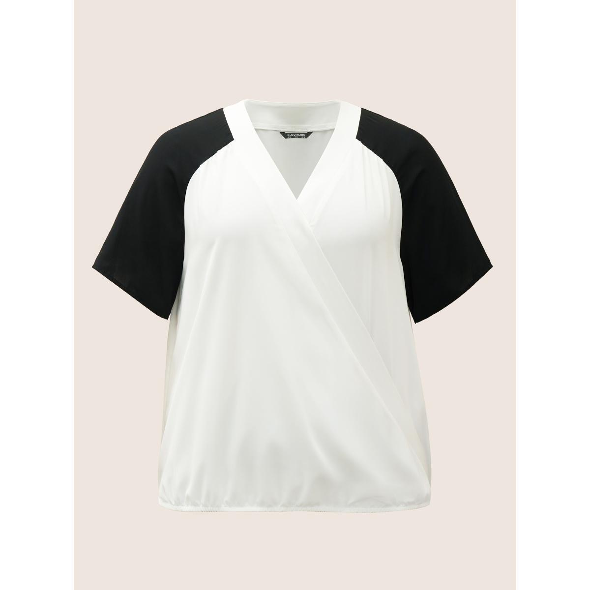 Plus Size White Two Tone Wrap Raglan Sleeve Blouse Women At the Office Short sleeve Overlap Collar Work Blouses BloomChic 10/M Product Image