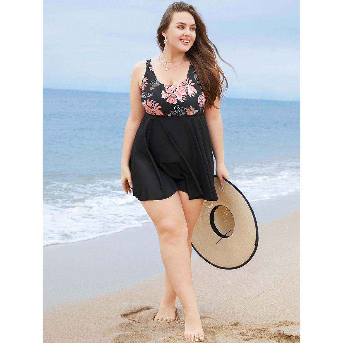 Plus Size Floral Print Scoop Neck Sculpt Waist Swim Dress Women's Swimwear Black Vacation Bodycon High stretch Curve Swim Dresses BloomChic 10/M Product Image