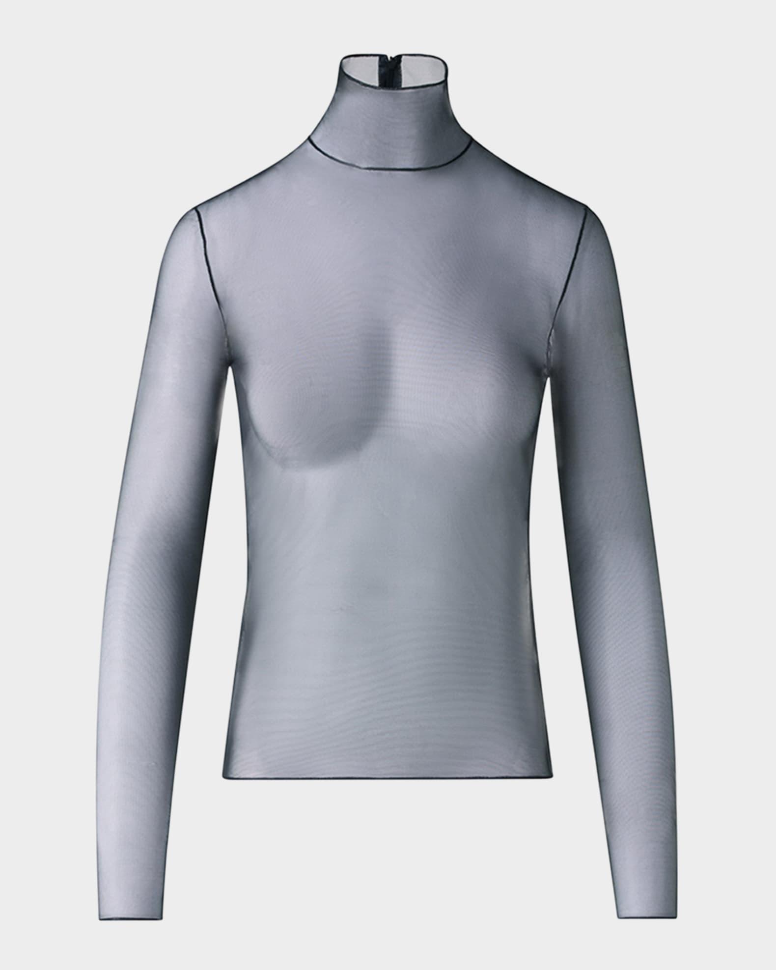 Mock-Neck Stretch Tulle Fitted Long-Sleeve Shirt Product Image