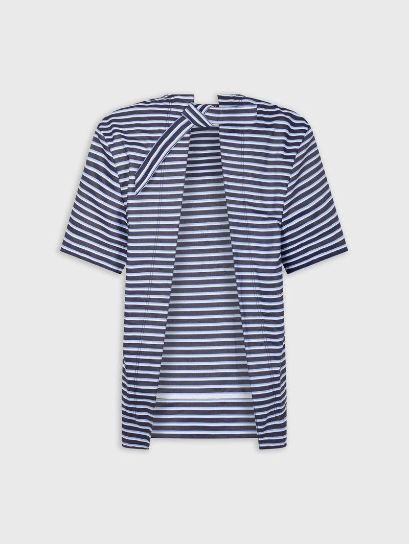 STRIPED WHITE AND BLUE EMBROIDERED TEE-SHIRT IN COTTON POPLIN Product Image