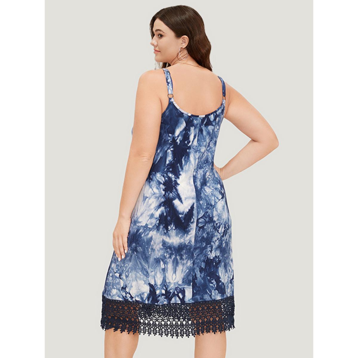 Plus Size Tie Dye Pocket Lace Hem Cami Dress Indigo Women Vacation Adjustable Straps Spaghetti Strap Sleeveless Curvy Midi Dress BloomChic 10/M Product Image