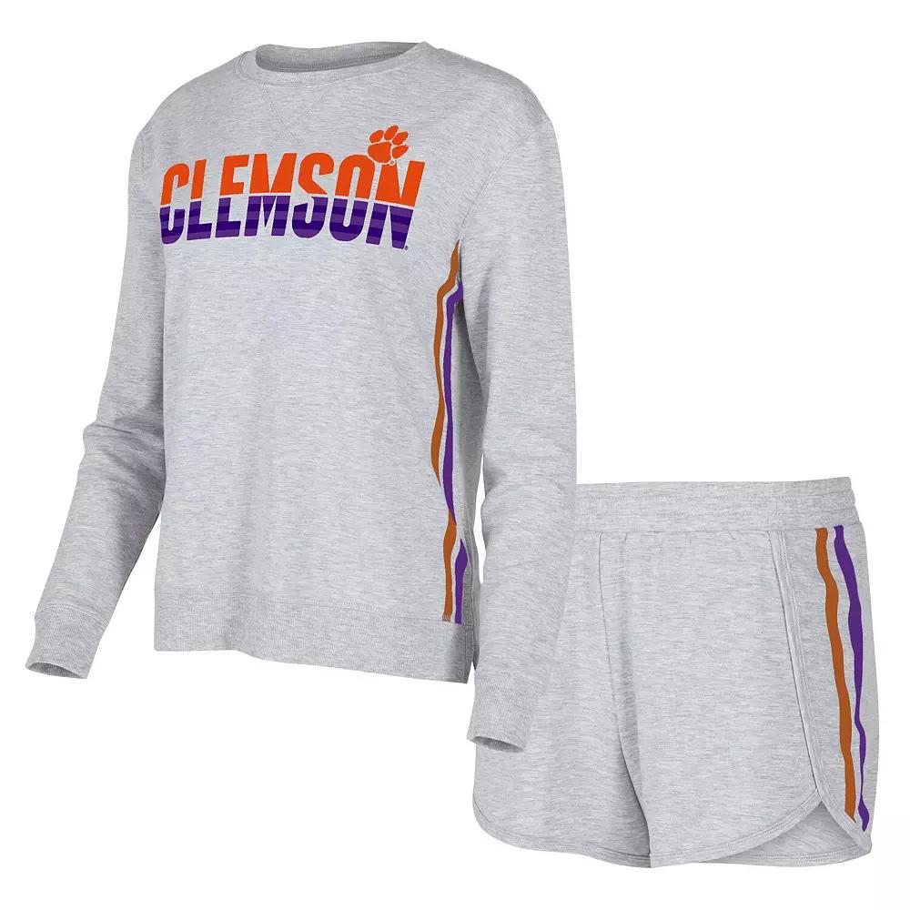 Women's Concepts Sport Gray Clemson Tigers Cedar Tri-Blend Long Sleeve T-Shirt & Shorts Sleep Set,  Product Image