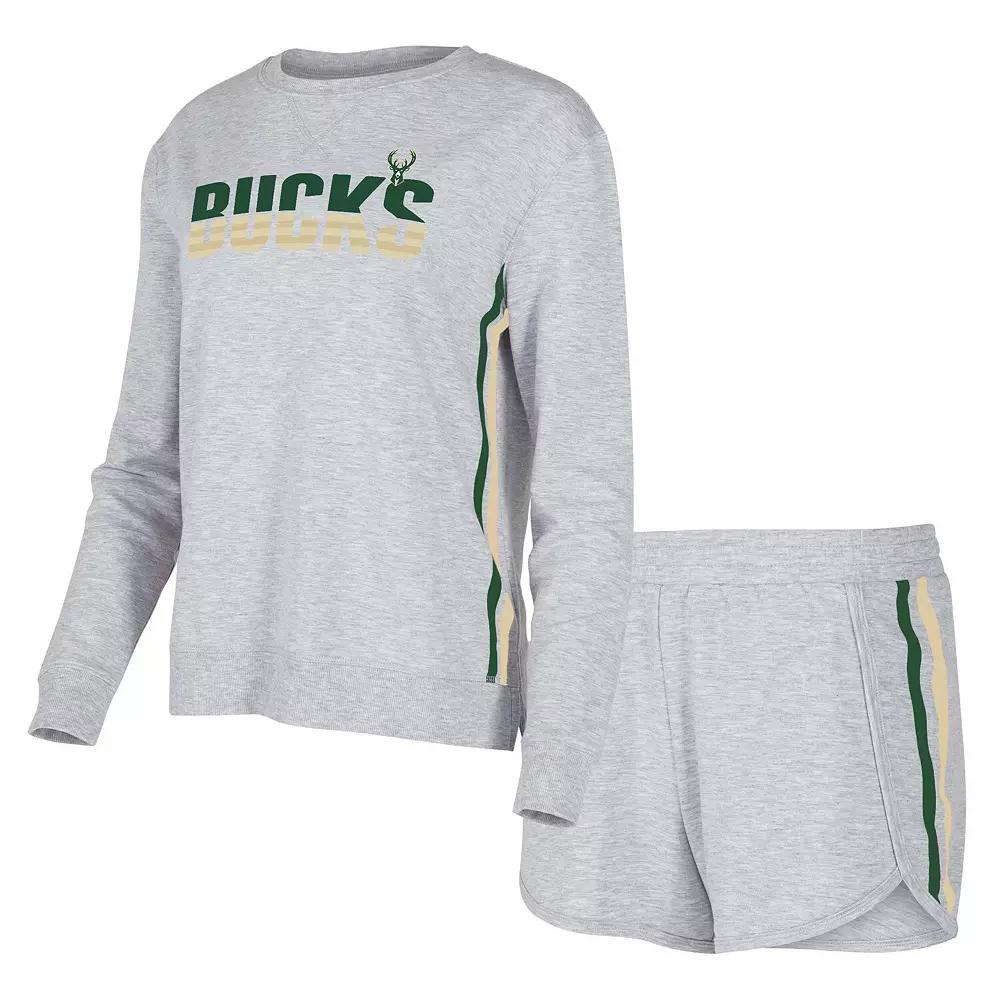 Women's Concepts Sport Gray Milwaukee Bucks Cedar Long Sleeve T-Shirt & Shorts Sleep Set,  Product Image