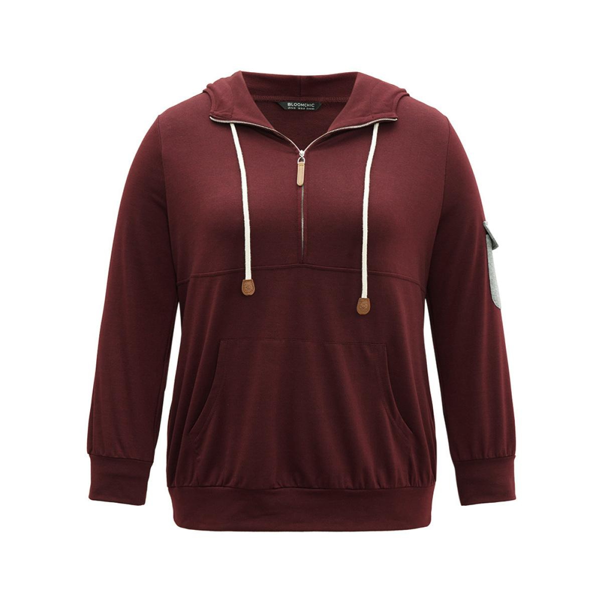 Plus Size Contrast Half Zip Patched Pocket Hooded Sweatshirt Women Burgundy Casual Contrast Hooded Dailywear Sweatshirts BloomChic 10/M Product Image