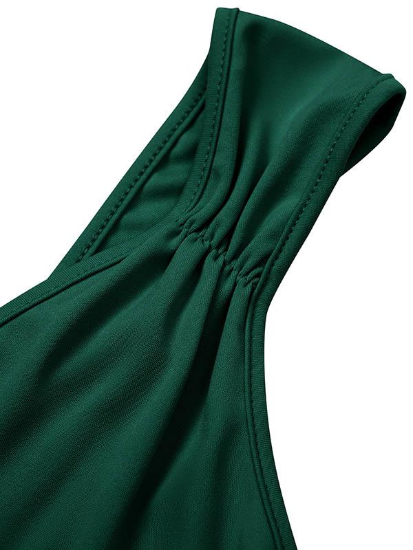 Bodycon Sleeveless Pleated Solid Color Split-front Zipper V-neck Midi Dresses Product Image