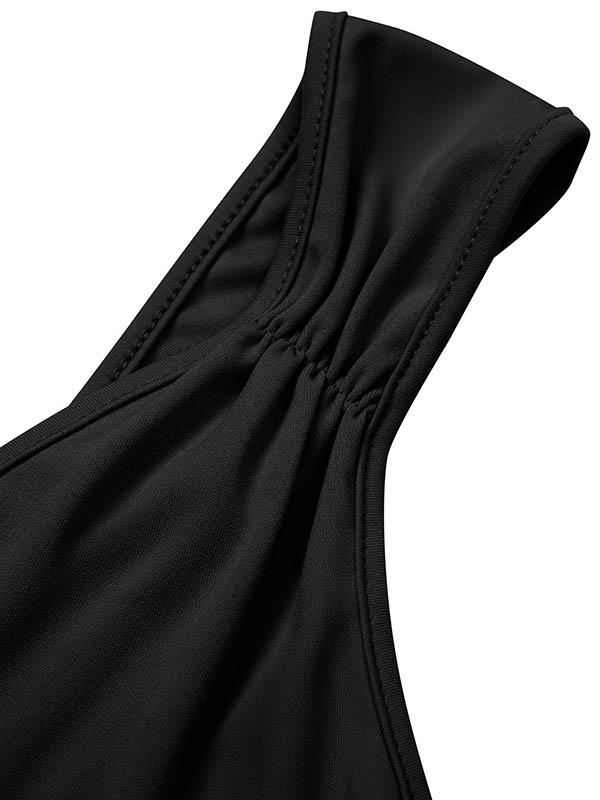 Bodycon Sleeveless Pleated Solid Color Split-front Zipper V-neck Midi Dresses Product Image