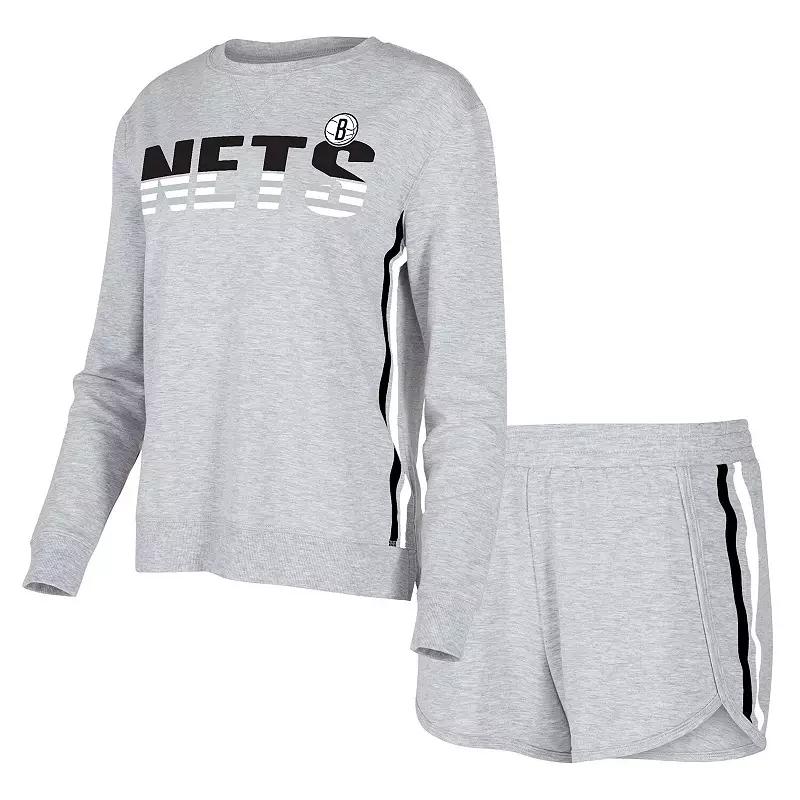 Women's Concepts Sport Gray Brooklyn Nets Cedar Long Sleeve T-Shirt & Shorts Sleep Set, Size: Large, Grey Product Image