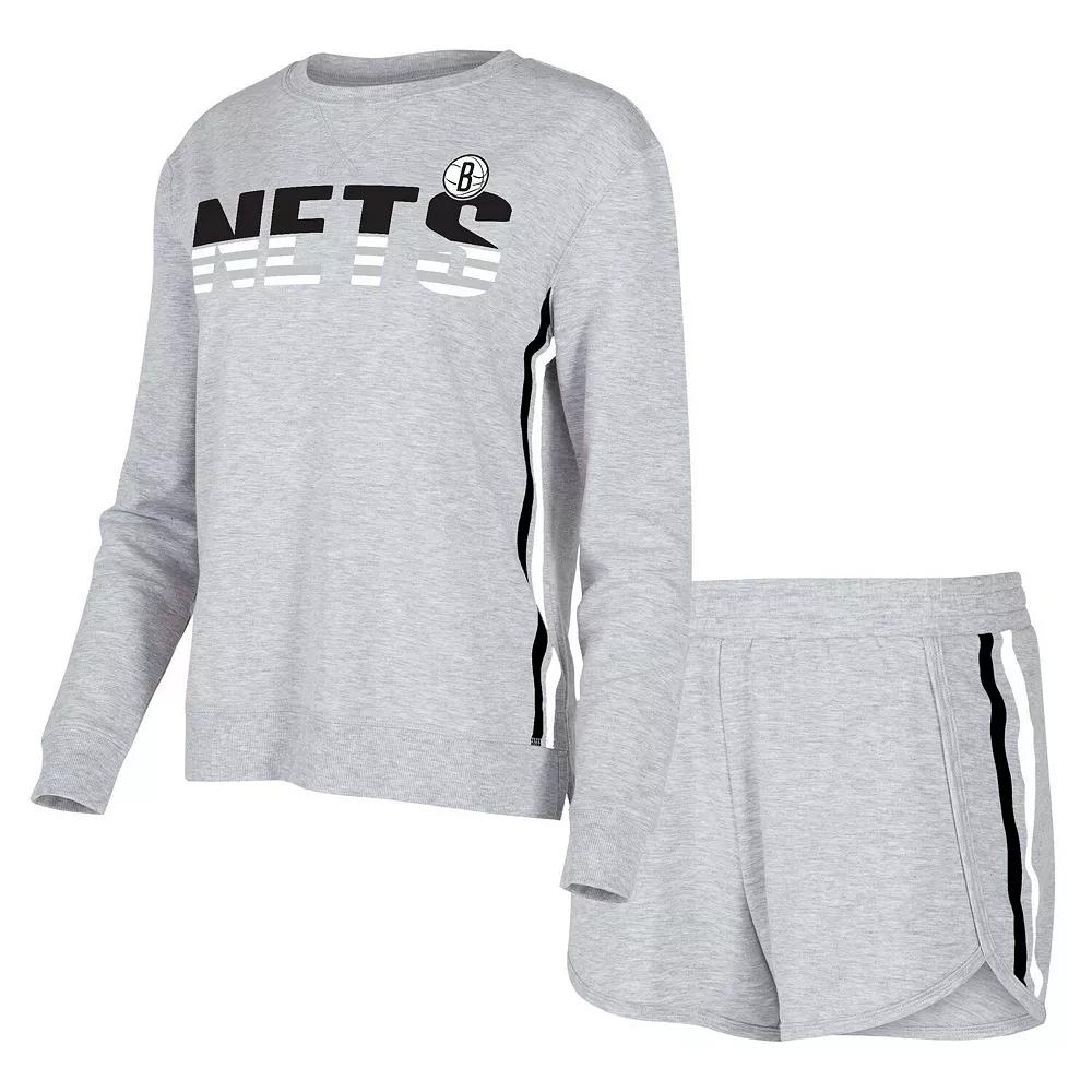 Women's Concepts Sport Gray Brooklyn Nets Cedar Long Sleeve T-Shirt & Shorts Sleep Set, Size: Large, Grey Product Image