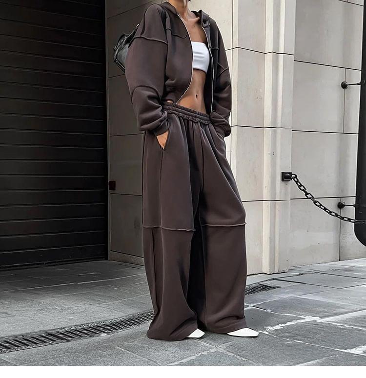 Set: Plain Zip-Up Hoodie + Wide Leg Sweatpants Product Image