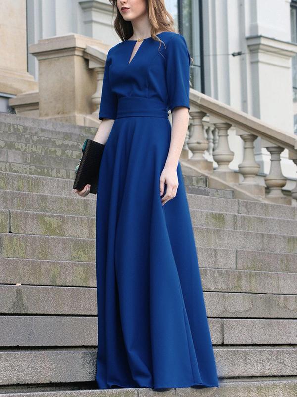 Half Sleeves High Waisted Solid Color Tied Waist V-Neck Maxi Dresses Product Image