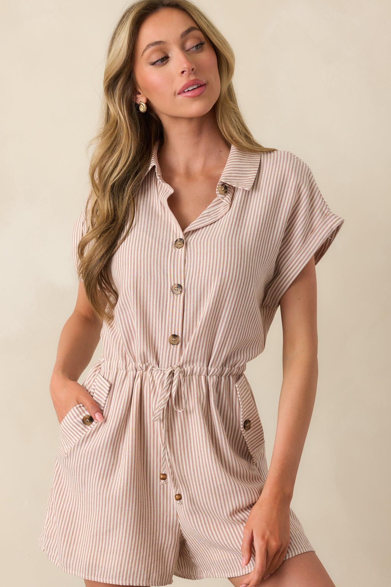 Big Moment Tan Stripe Cotton Collared Romper L / Tan Product Image