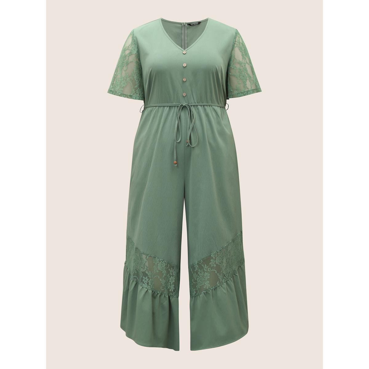 Plus Size Sage Solid Crochet Lace Mesh Ties Jumpsuit Women Resort Short sleeve V-neck Vacation Loose Jumpsuits BloomChic 14-16/1X Product Image