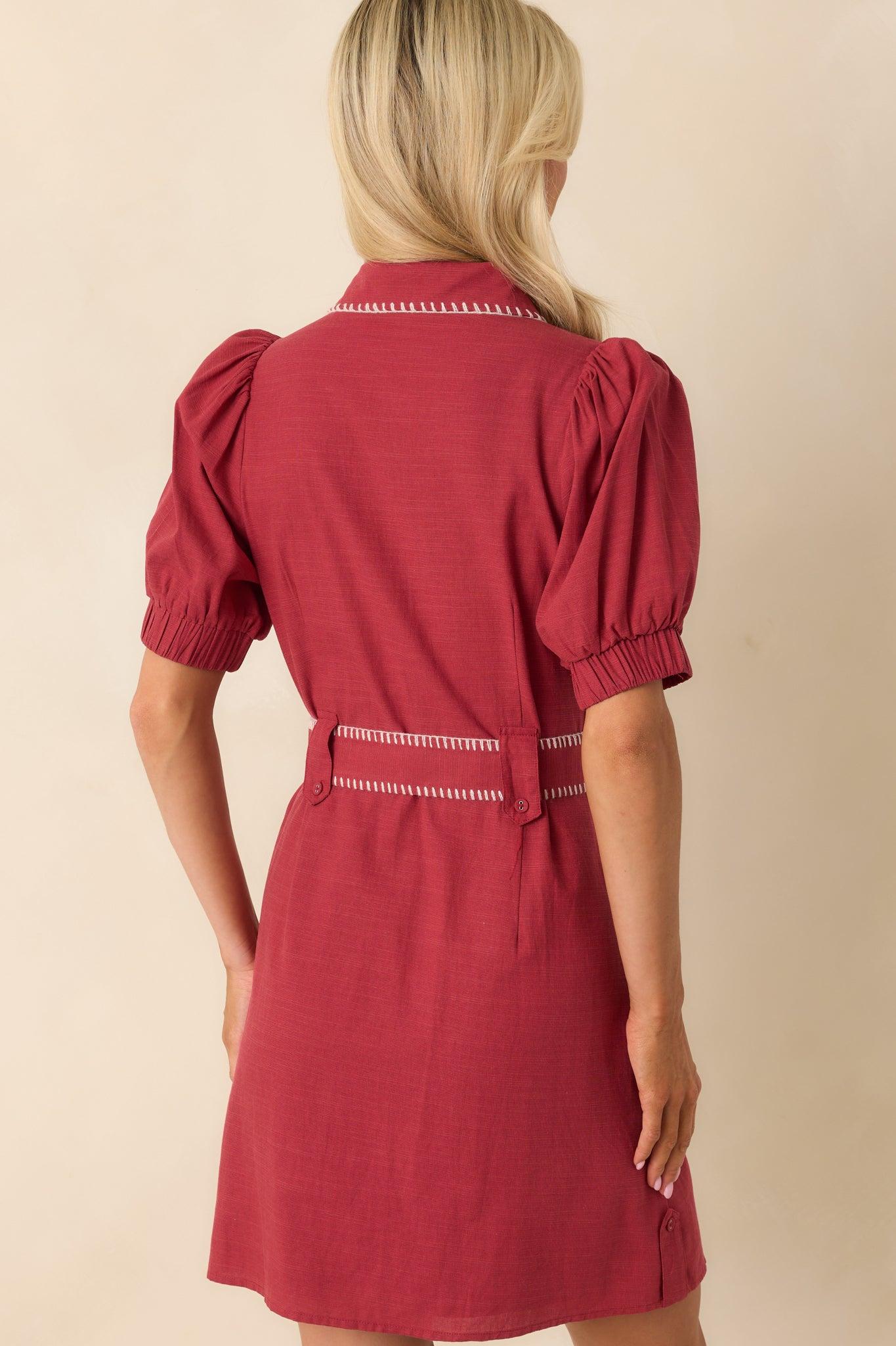 Heard It Before Burgundy Cotton Belted Mini Shirt Dress Product Image