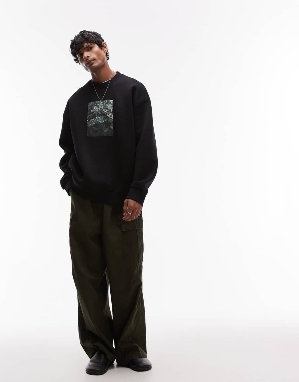 Topman oversized fit sweatshirt with leaves patch print in black Product Image