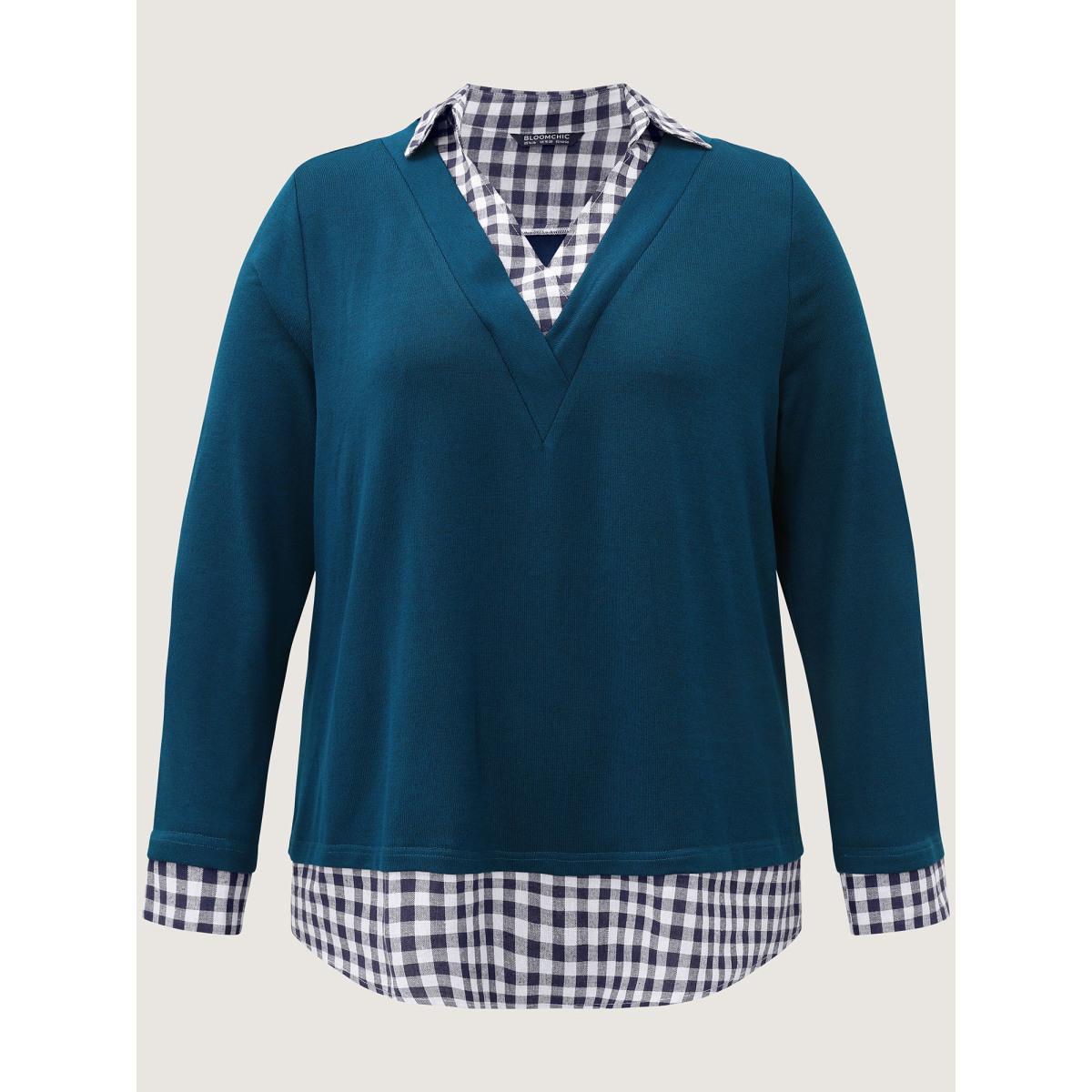 Plus Size Gingham Patchwork Shirt Collar Arc Hem Sweatshirt Women Blue Leisure Patchwork V-neck Casual Sweatshirts BloomChic 14-16/1X Product Image
