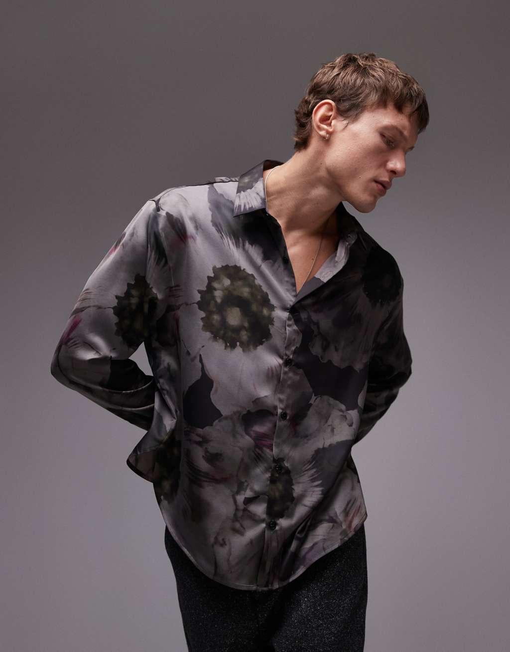 Topman long sleeve floral printed shirt in black Product Image