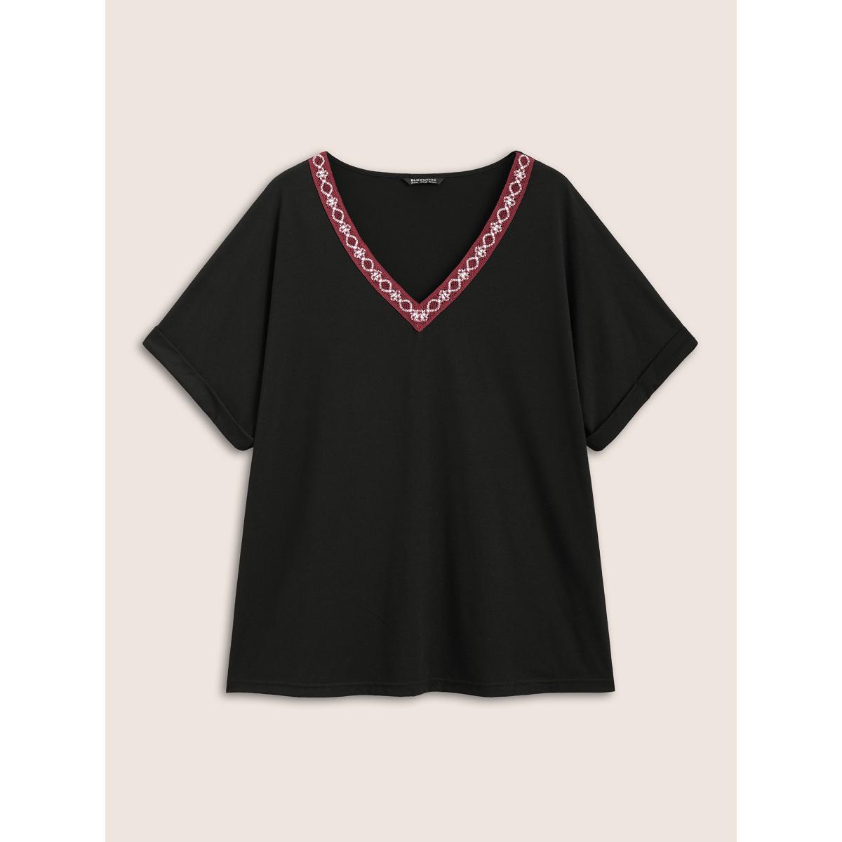 Plus Size V Neck Block Weave Trim Batwing Sleeve T-shirt Black Women Resort Patchwork V-neck Vacation T-shirts BloomChic 14-16/1X Product Image