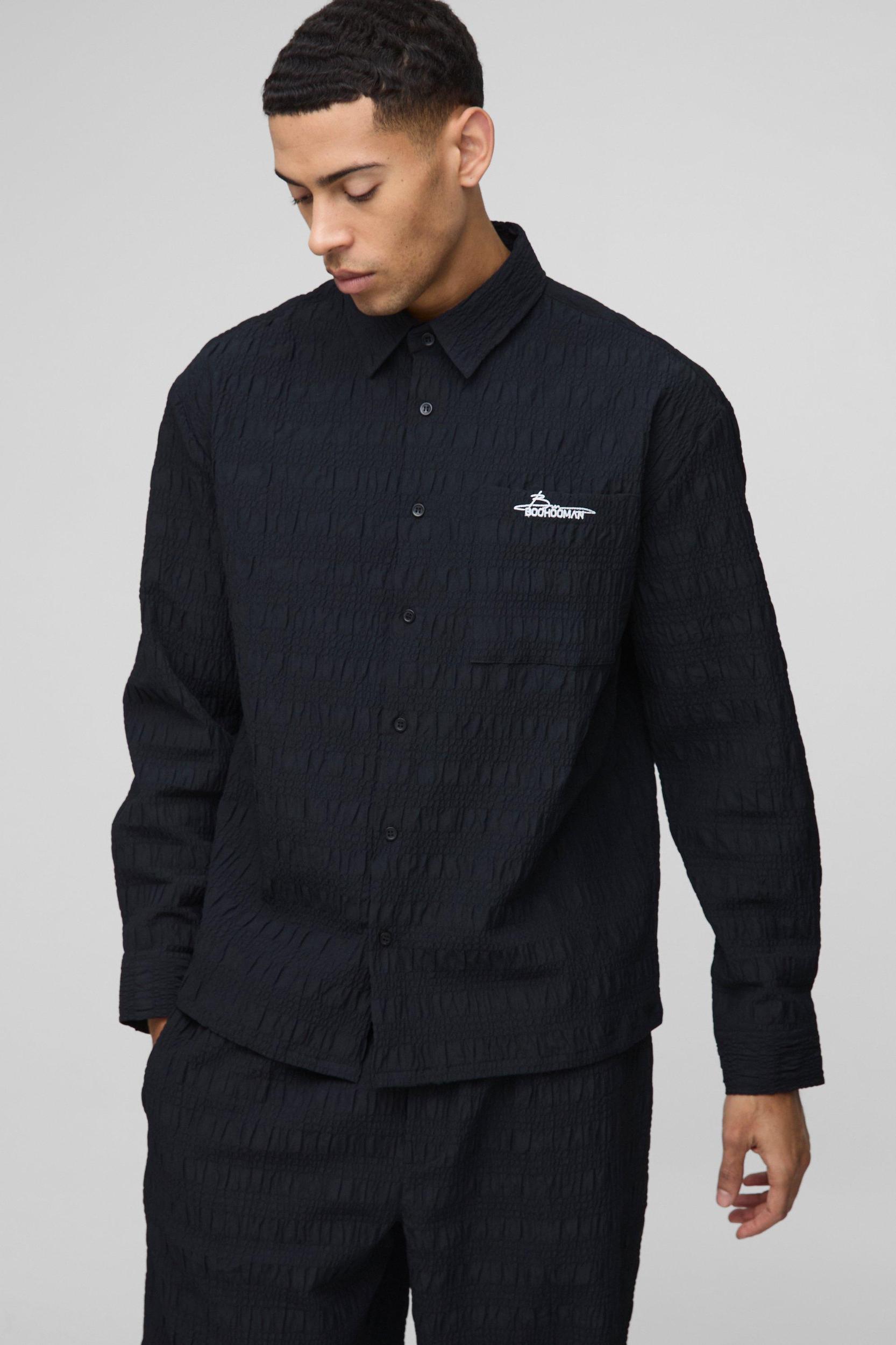 Man Oversized Long Sleeve Seersucker Shirt & Pants Set | boohooMAN USA Product Image