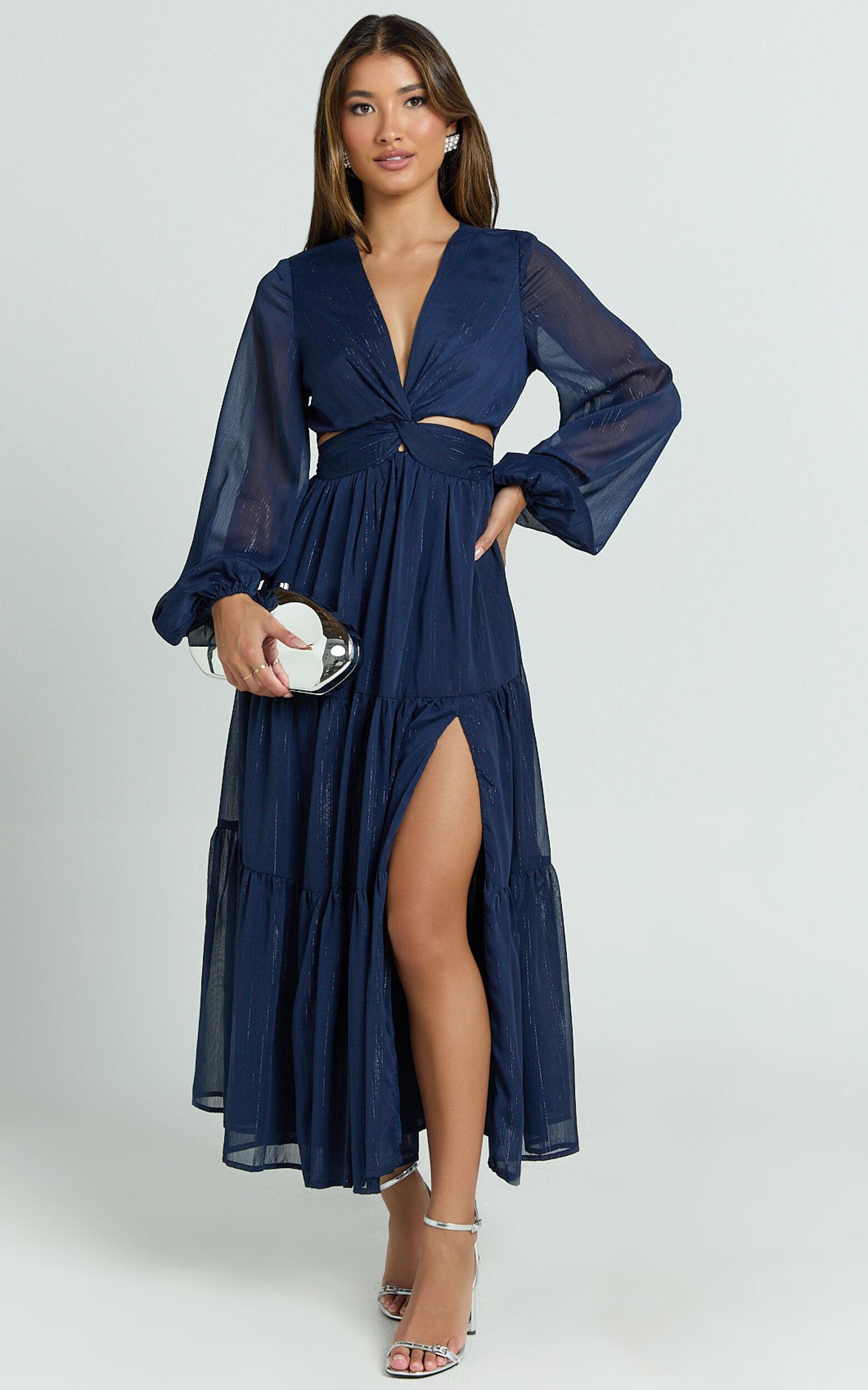 Edelyn Midi Dress - Cut Out Balloon Sleeve Tiered Dress in Navy Product Image