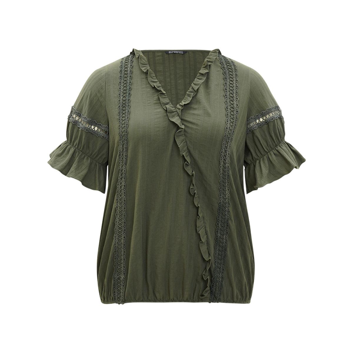 Plus Size ArmyGreen Solid Ruffle Trim Guipure Lace Elastic Hem Blouse Women Vacation Short sleeve V-neck Dailywear Blouses BloomChic 10/M Product Image