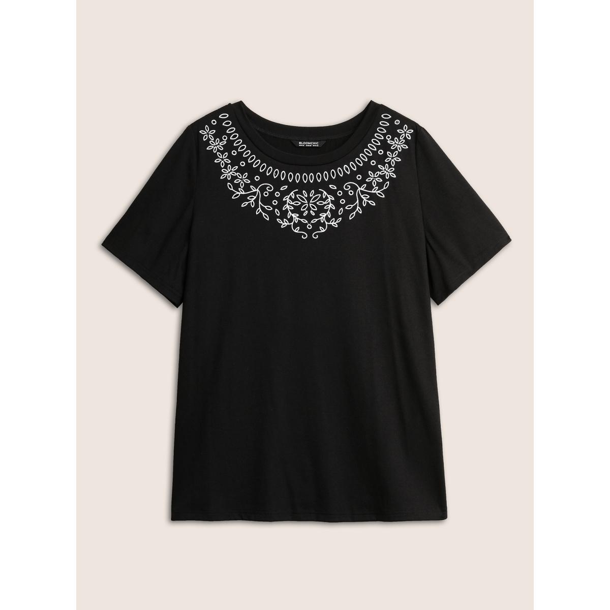 Plus Size Floral Embroidered Round Neck T-shirt Black Women Elegant Embroidered Round Neck Everyday T-shirts BloomChic 18-20/2X Product Image