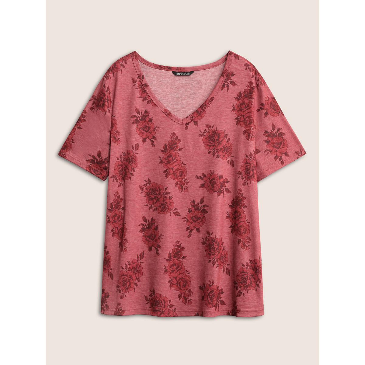 Plus Size Rose Floral Print V Neck T-shirt Rouge Women Elegant Non Floral V-neck Everyday T-shirts BloomChic 28/5X Product Image