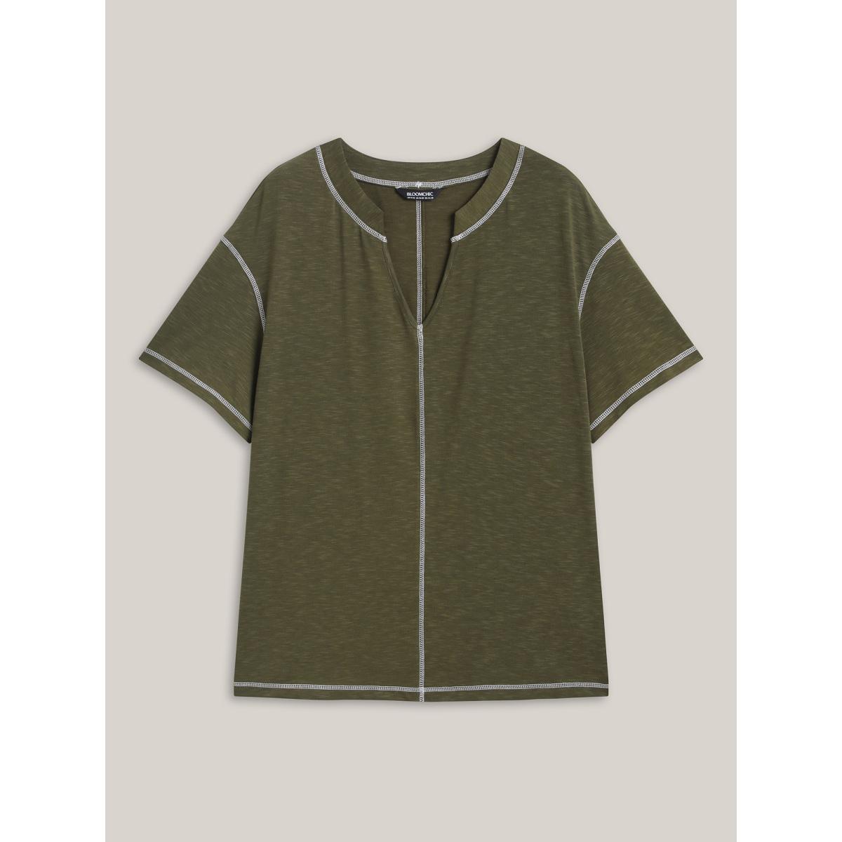 Plus Size Color Contrast Trim Notched Collar T-Shirt ArmyGreen Women Topstitching Notched collar Everyday-Casual T-shirts BloomChic 22-24/3X Product Image