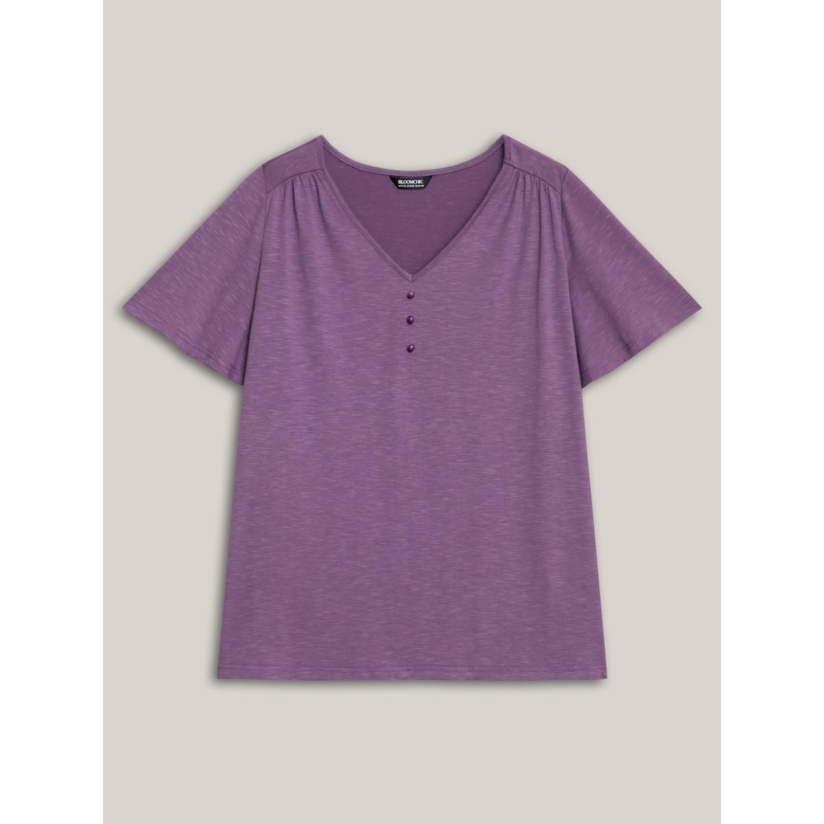 Plus Size Bamboo Textured Pleated Shoulder Button T-Shirt Mauve Women Timeless Gathered V-neck Elegant T-shirts BloomChic 30/6X Product Image