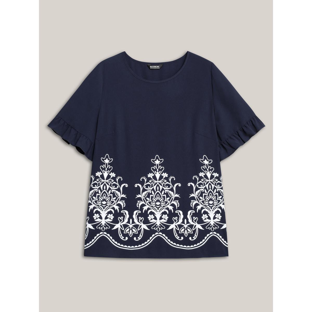 Plus Size Indigo Floral Print Round Neck Ruffled Sleeve Shirt Women Elegant Short sleeve Round Neck Everyday Blouses BloomChic 30/6X Product Image