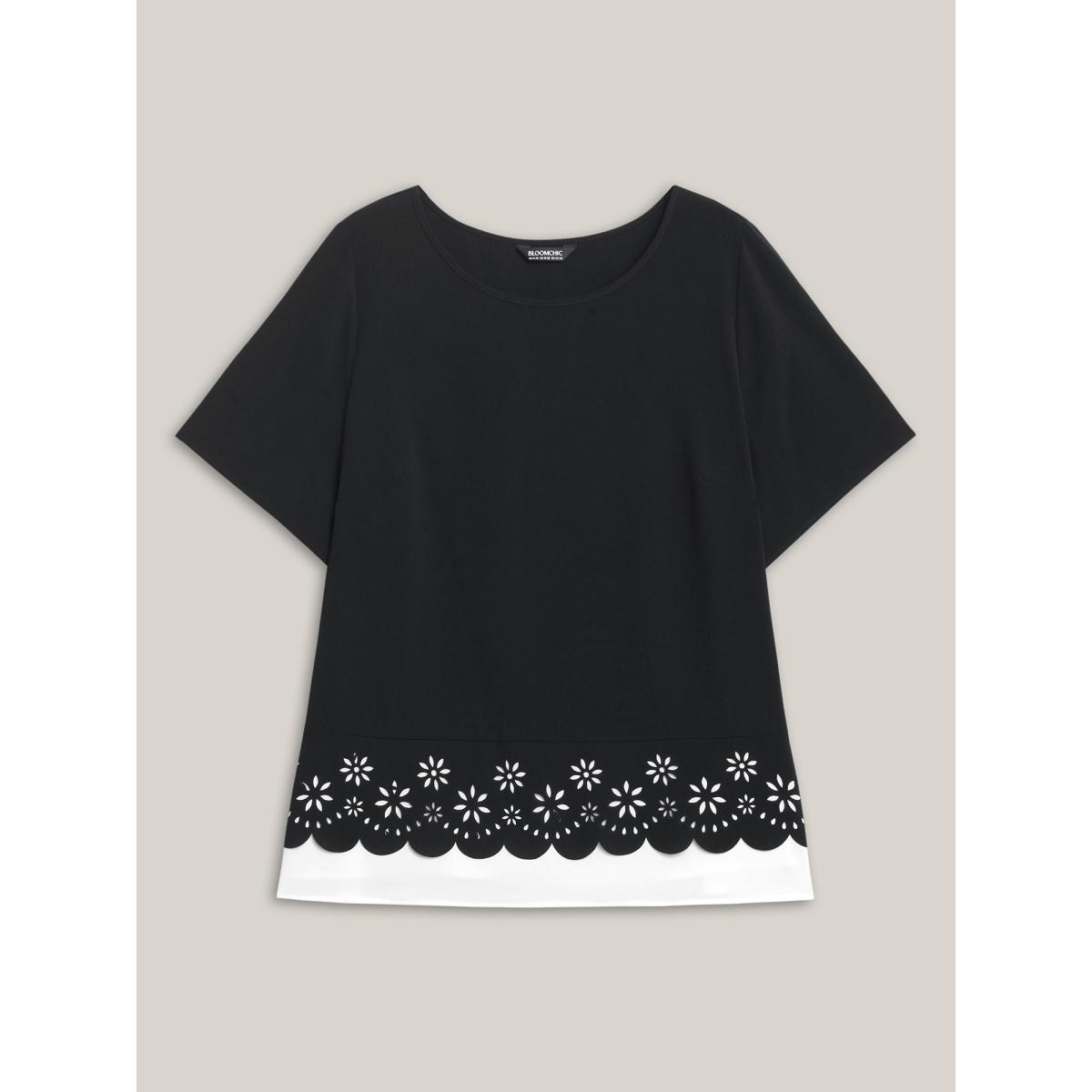 Plus Size Black Laser Cut Patchwork Round Neck Blouse Women Short sleeve Round Neck Work Blouses BloomChic 10/M Product Image