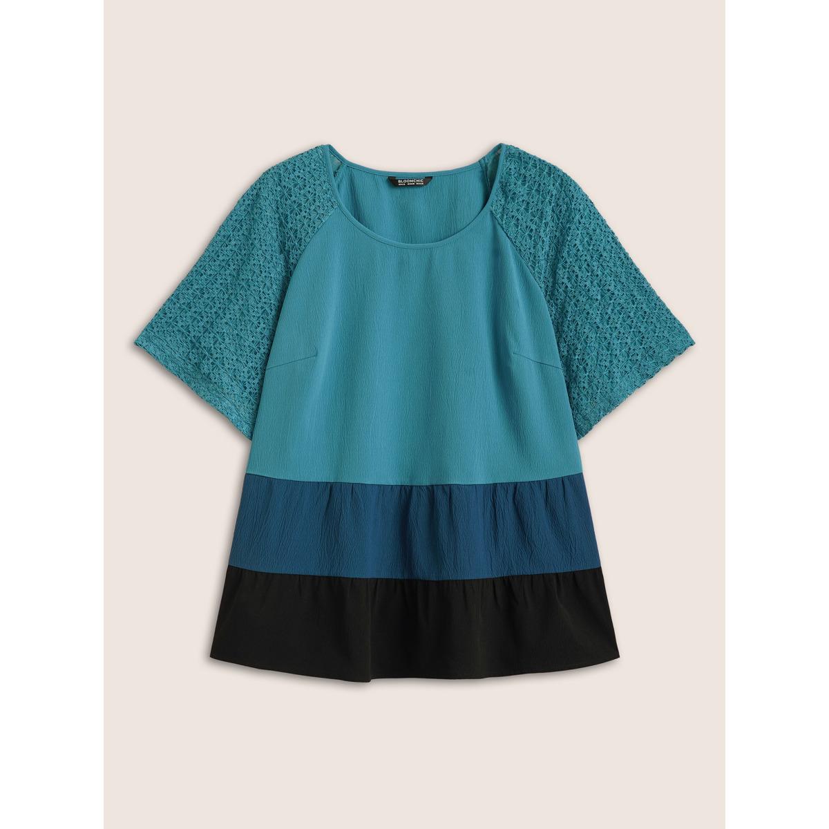 Plus Size Cerulean Colorblock Contrast Lace Panel Raglan Sleeve Blouse Women Casual Short sleeve Round Neck Everyday Blouses BloomChic 26/4X Product Image