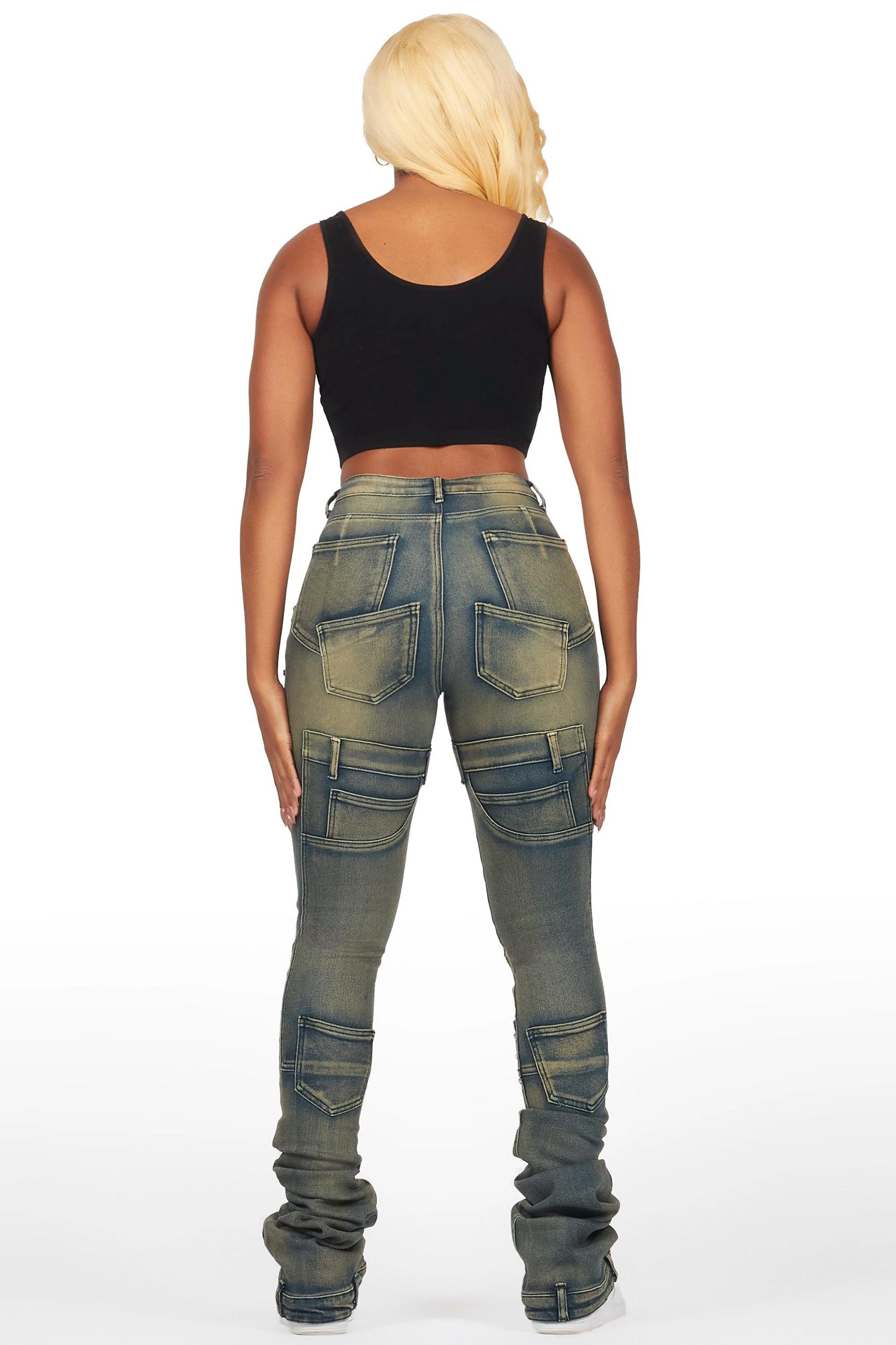 Vicky Tinted Dark Wash Rhinestone Super Stacked Jean Female Product Image