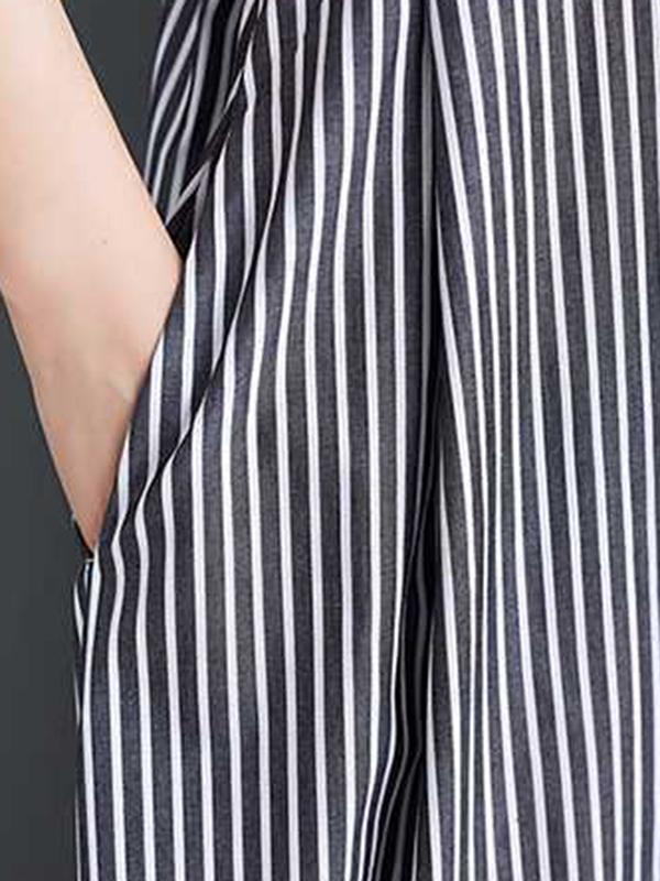 Cap Sleeve Loose Buttoned Striped Lapel Maxi Dresses Shirt Dress Product Image