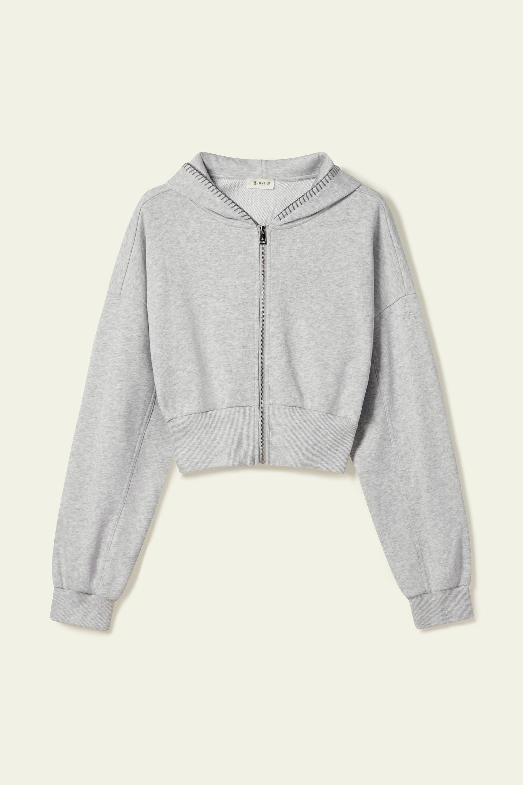 LILYSILK SILKERRY Womens Cropped Zip Up Hoodie | 100% Silk Loops | Cozy Zip-Up Jacket | Espresso L Product Image