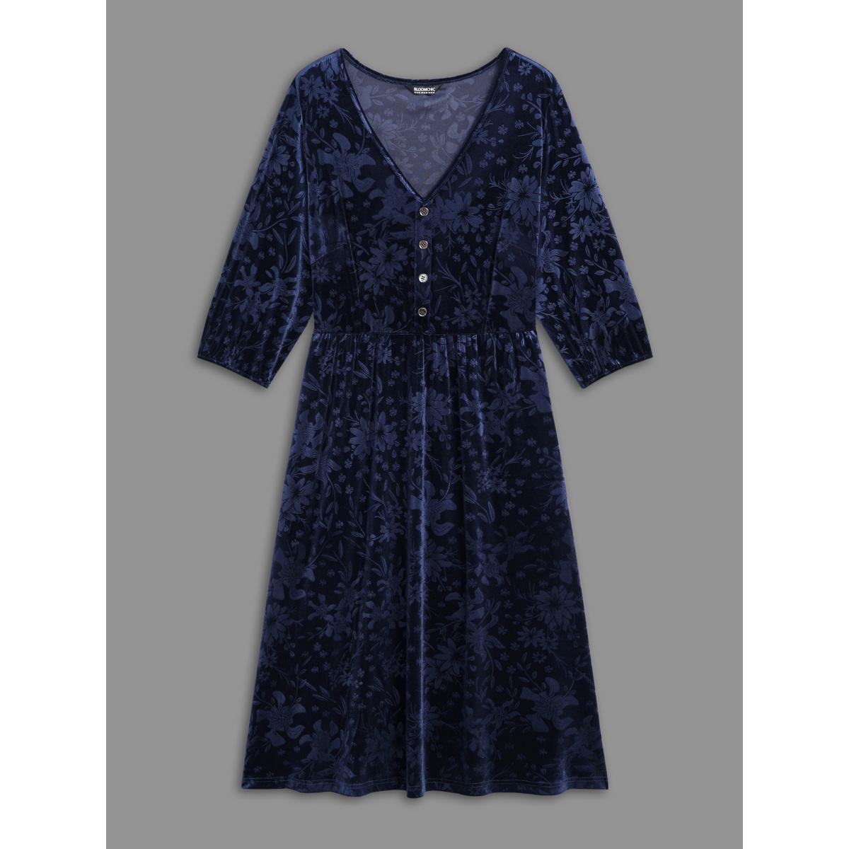 Plus Size Velvet Button Detail V-Shaped Neck Dress DarkBlue Women Cocktail Texture V-neck Elbow-length sleeve Curvy BloomChic 30/6X Product Image