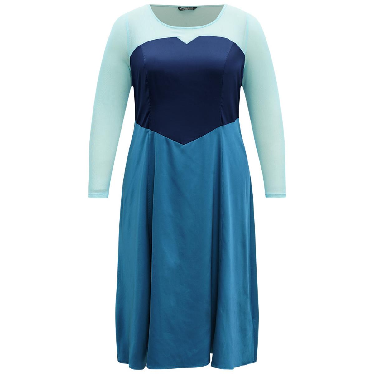 Plus Size Halloween Contrast Patchwork Mesh Dress Aegean Women Elegant See through Round Neck Long Sleeve Curvy Midi Dress BloomChic 12/L Product Image