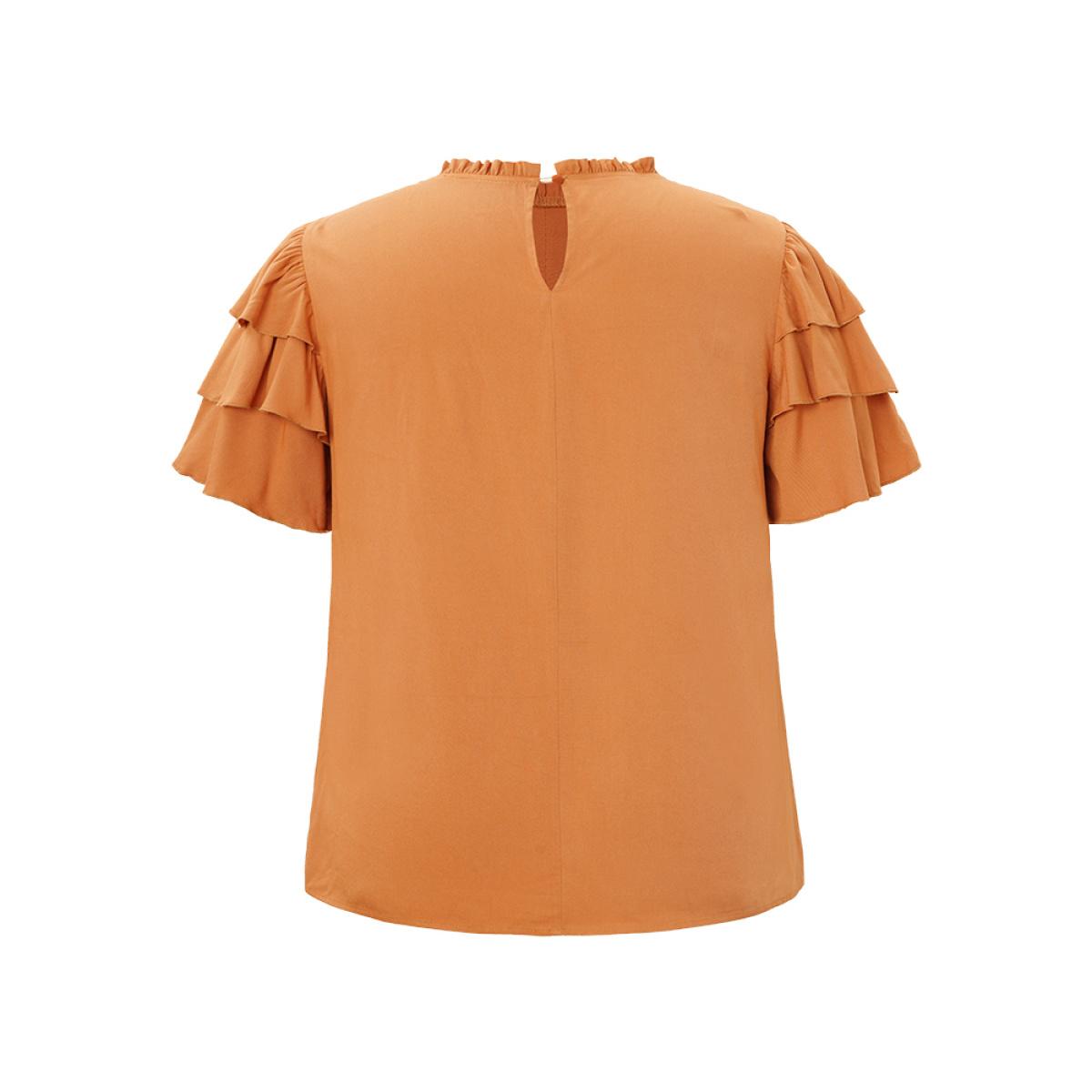 Plus Size Rust Solid Pleated Keyhole Ruffle Tiered Sleeve Frill Trim Blouse Women Elegant Short sleeve Round Neck Dailywear Blouses BloomChic 22-24/3X Product Image