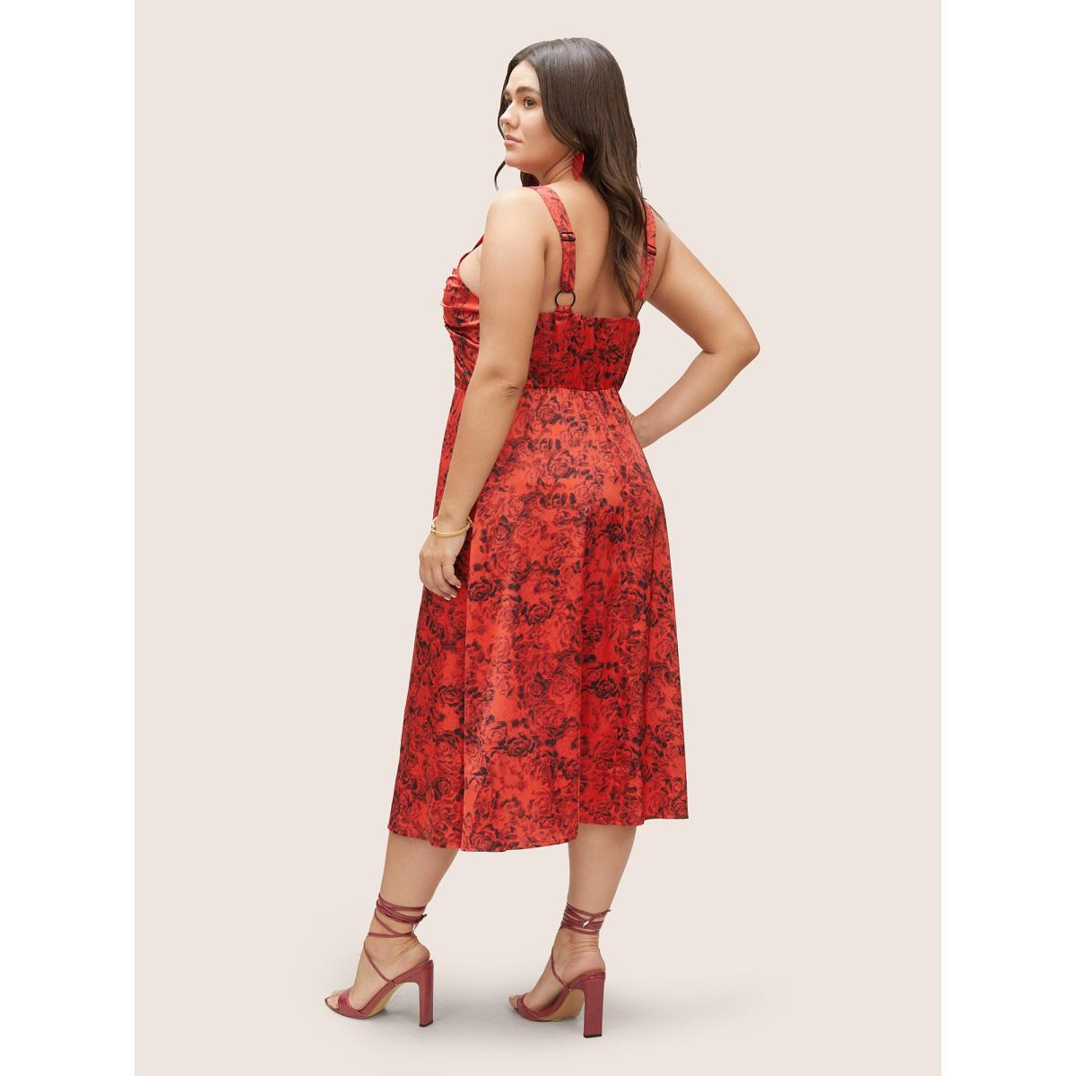 Plus Size Floral Print Ruched Detail Adjustable Straps Dress Raspberry Women Elegant Gathered Spaghetti Strap Sleeveless Curvy Midi Dress BloomChic 10/M Product Image