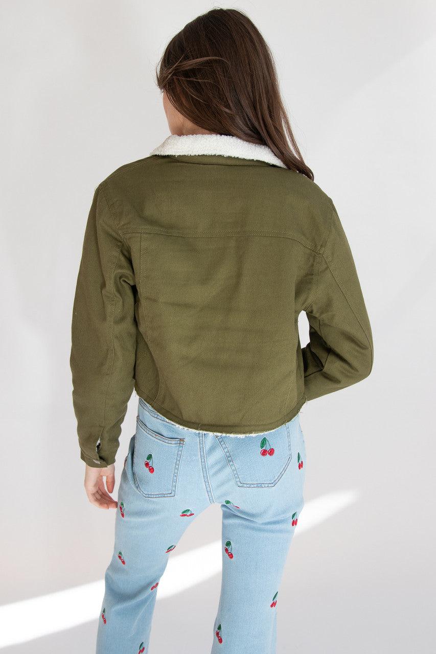 Olive Green Sherpa Lined Denim Jacket Product Image