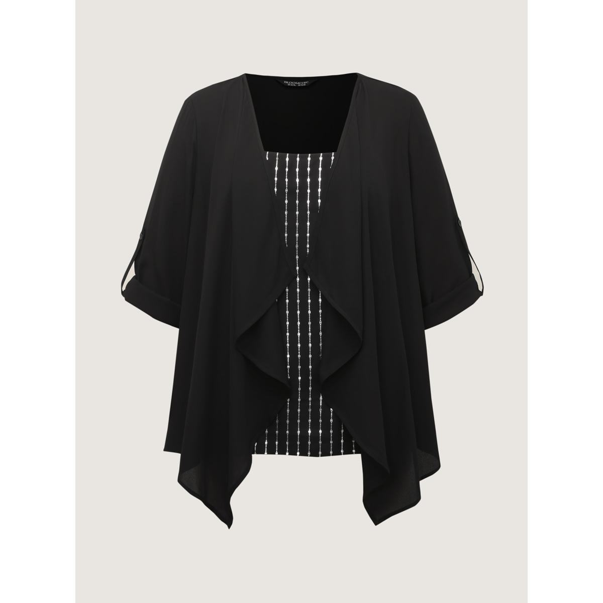 Plus Size Black Shiny Silk Two-Piece Ruffled Blouse Women Party&Cocktail Extra Long Sleeve Round Neck Party Blouses BloomChic 14-16/1X Product Image
