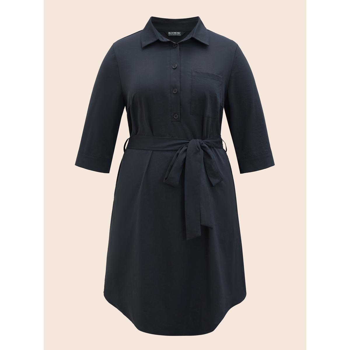 Plus Size Shirt Collar Belted Arc Hem Dress DarkBlue Women At the Office Belted Shirt collar Elbow-length sleeve Curvy BloomChic 26/4X Product Image