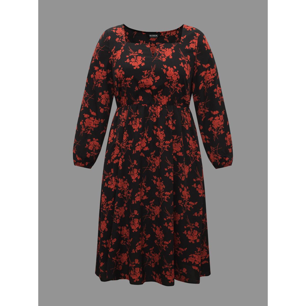 Plus Size Silhouette Floral Print Notched Dress Black Women Elegant Non Notched collar Long Sleeve Curvy BloomChic 30/6X Product Image
