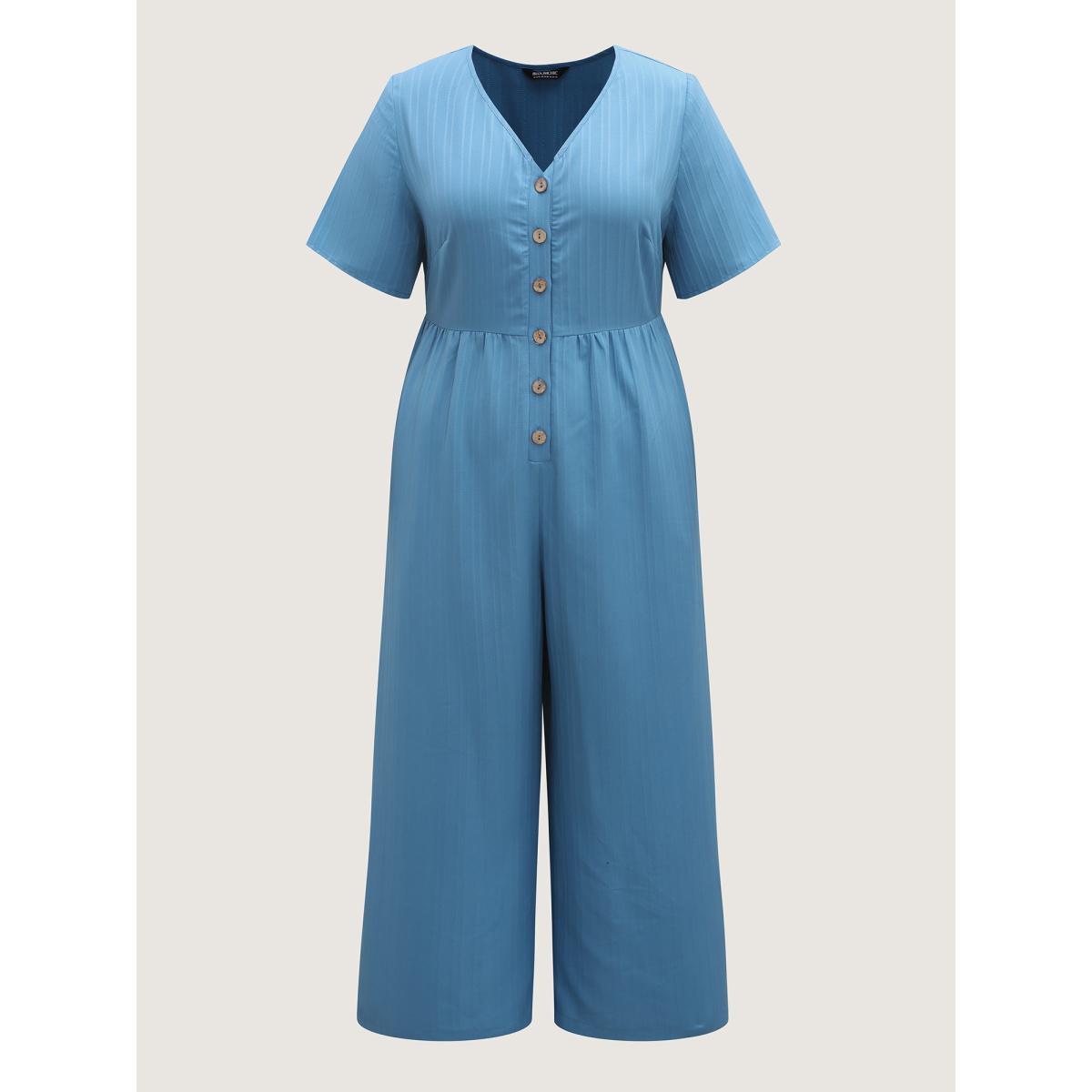 Plus Size DarkBlue Button Detail High Waisted Solid Jumpsuit Women Short sleeve V-neck Everyday-Casual Loose Jumpsuits BloomChic 10/M Product Image