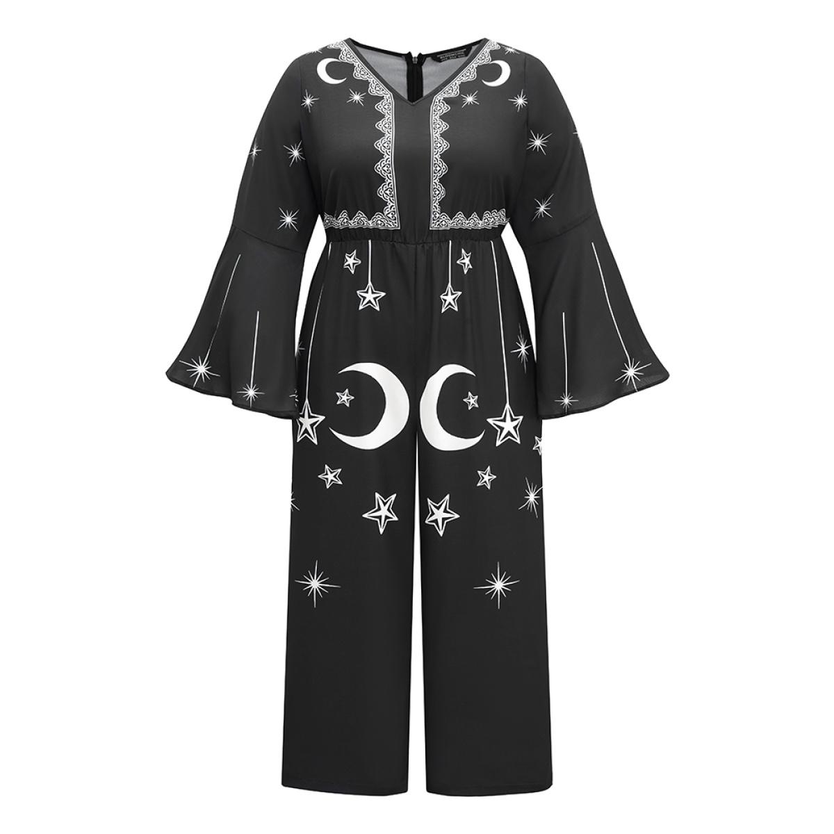 Plus Size Black Halloween Moon & Star Elastic Waist Bell Sleeve Jumpsuit Women Casual Long Sleeve V-neck Festival-Halloween Loose Jumpsuits BloomChic 18-20/2X Product Image