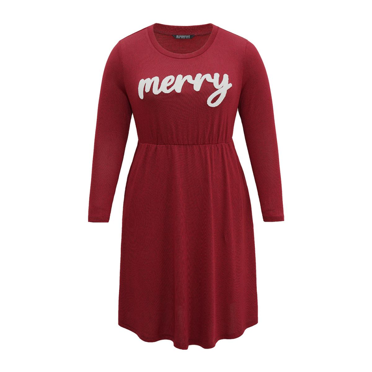 Plus Size Holiday Greetings Embroidered Pocket Elastic Waist Dress Scarlet Women Elegant Embroidered Round Neck Long Sleeve Curvy Midi Dress BloomChic 30/6X Product Image
