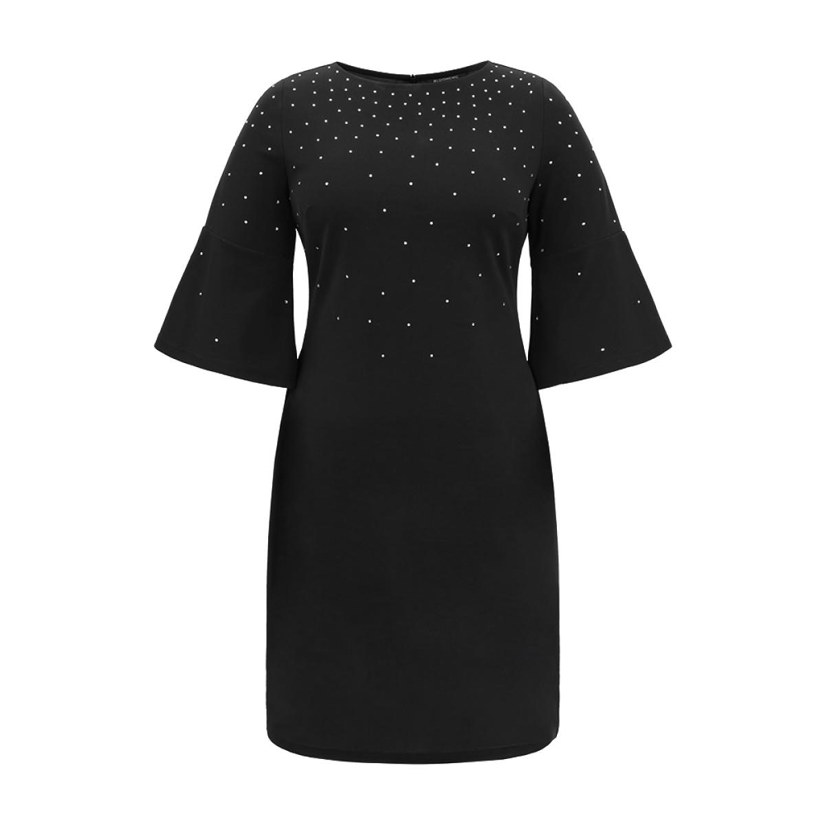 Plus Size Rhinestone Curved Hem Bell Sleeve Dress Black Women Cocktail Rhinestone detailing Round Neck Elbow-length sleeve Curvy Knee Dress BloomChic 28/5X Product Image