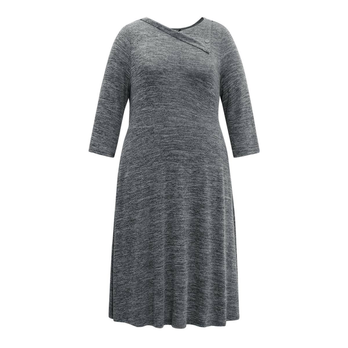 Plus Size Solid Heather Button Detail Pocket Gathered Dress Black Women Work From Home Plain Round Neck Elbow-length sleeve Curvy Midi Dress BloomChic 12/L Product Image